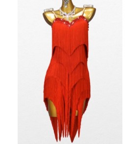 Custom size red fringe competition latin dance dresses with diamond for women girls professional salsa rumba samba flamenco dancing wear for lady